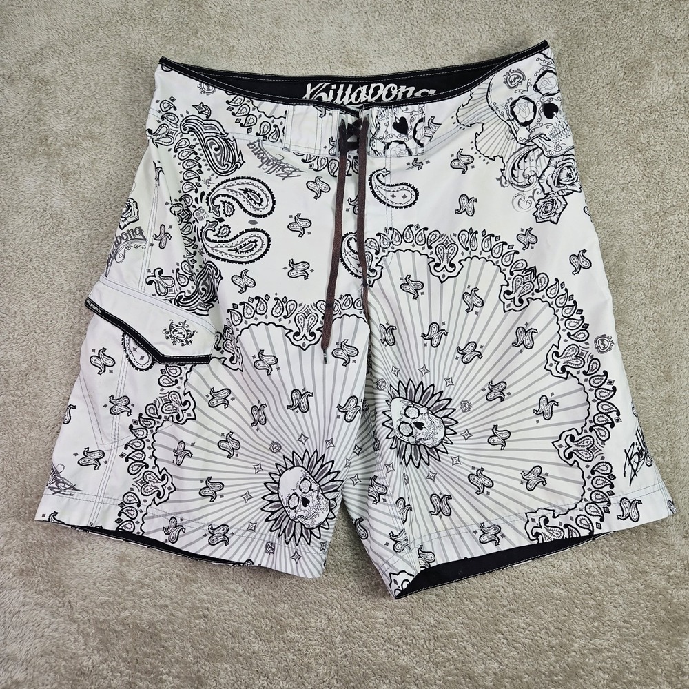 Vintage Billabong Board Shorts 38 White Bandana Swim Trunks Y2K Baggy Skull